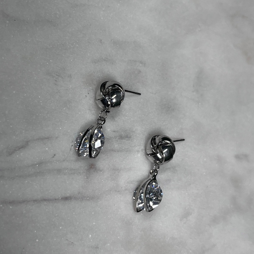 Love Knot Silver Tone Earrings Marquise Crystal Drop Dangle Post 4122 - Picture 2 of 5